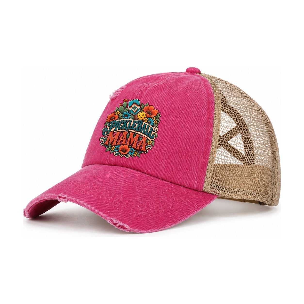 Pickleball Mama Pickleball Life Women's Ponytail Trucker Hat – Raspberry Khaki