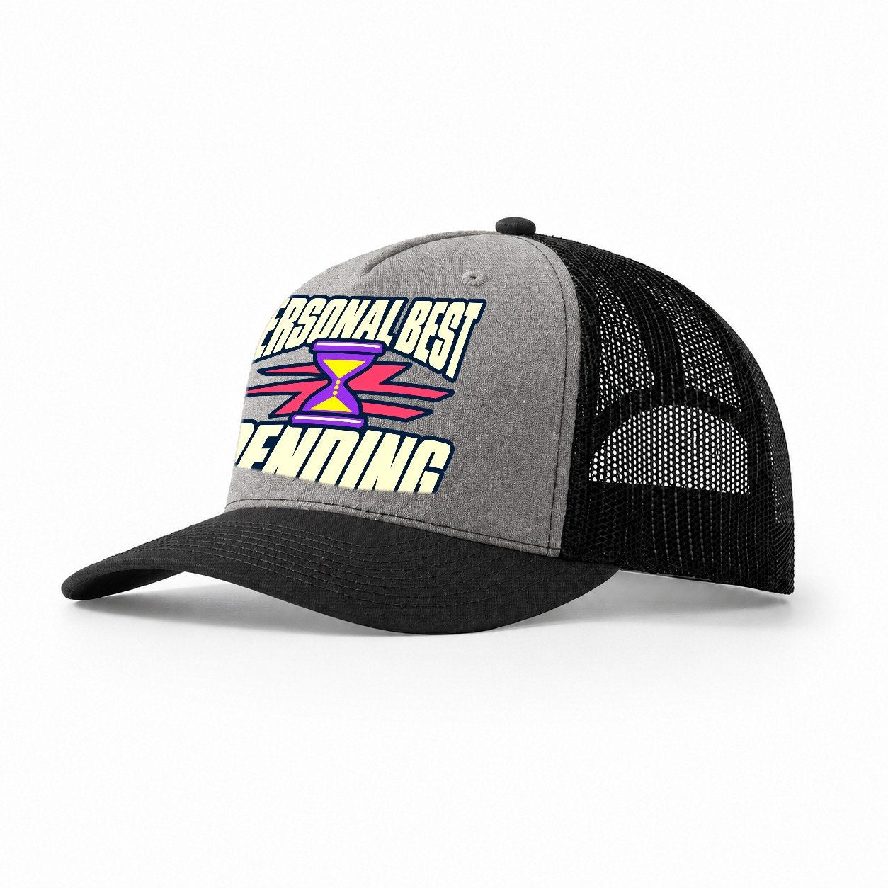 Personal Best Pending 90S Running Clubs Trucker Hat – Grey Black