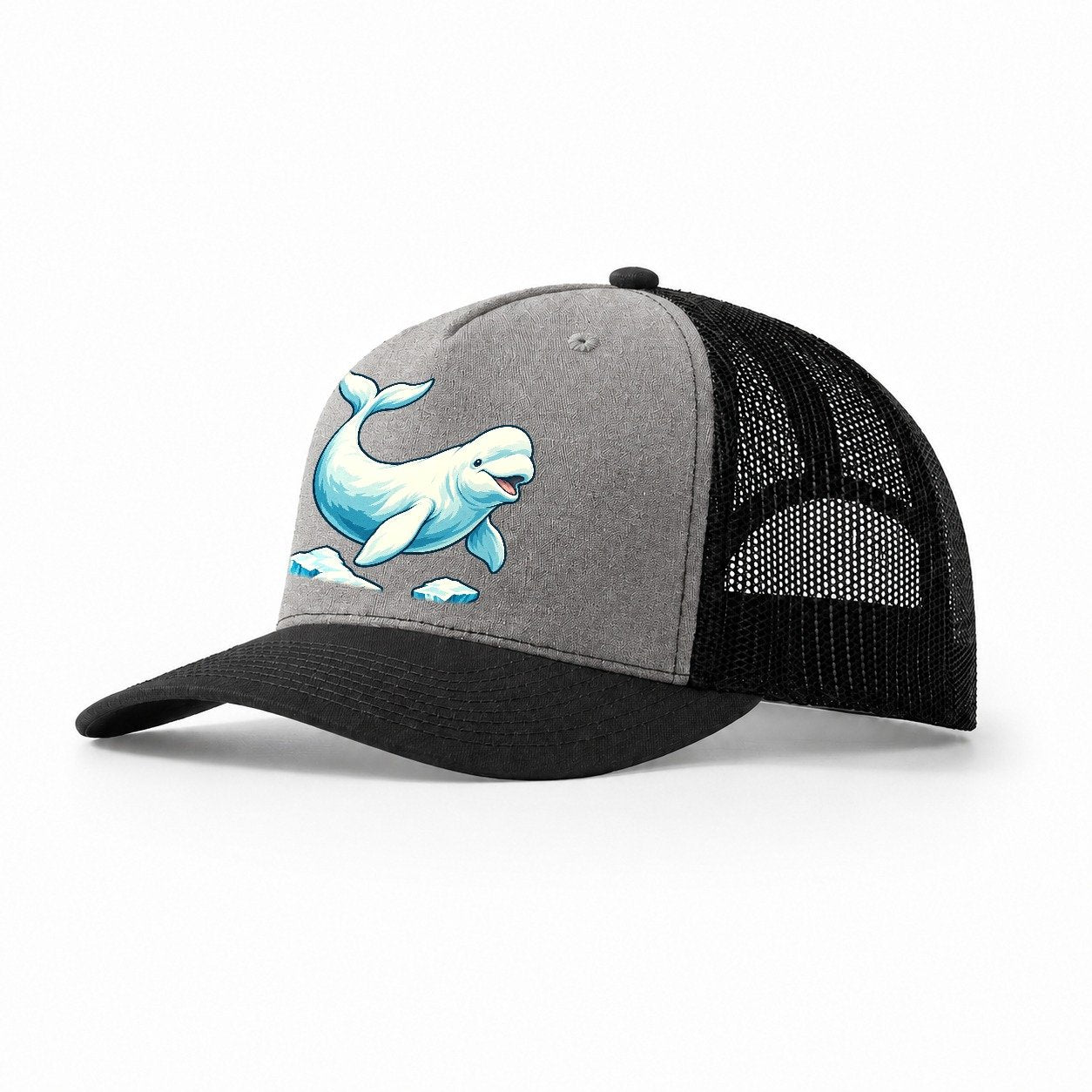Beluga Whale And Floating Ice Canada Cultural Icons Trucker Hat – Grey Black