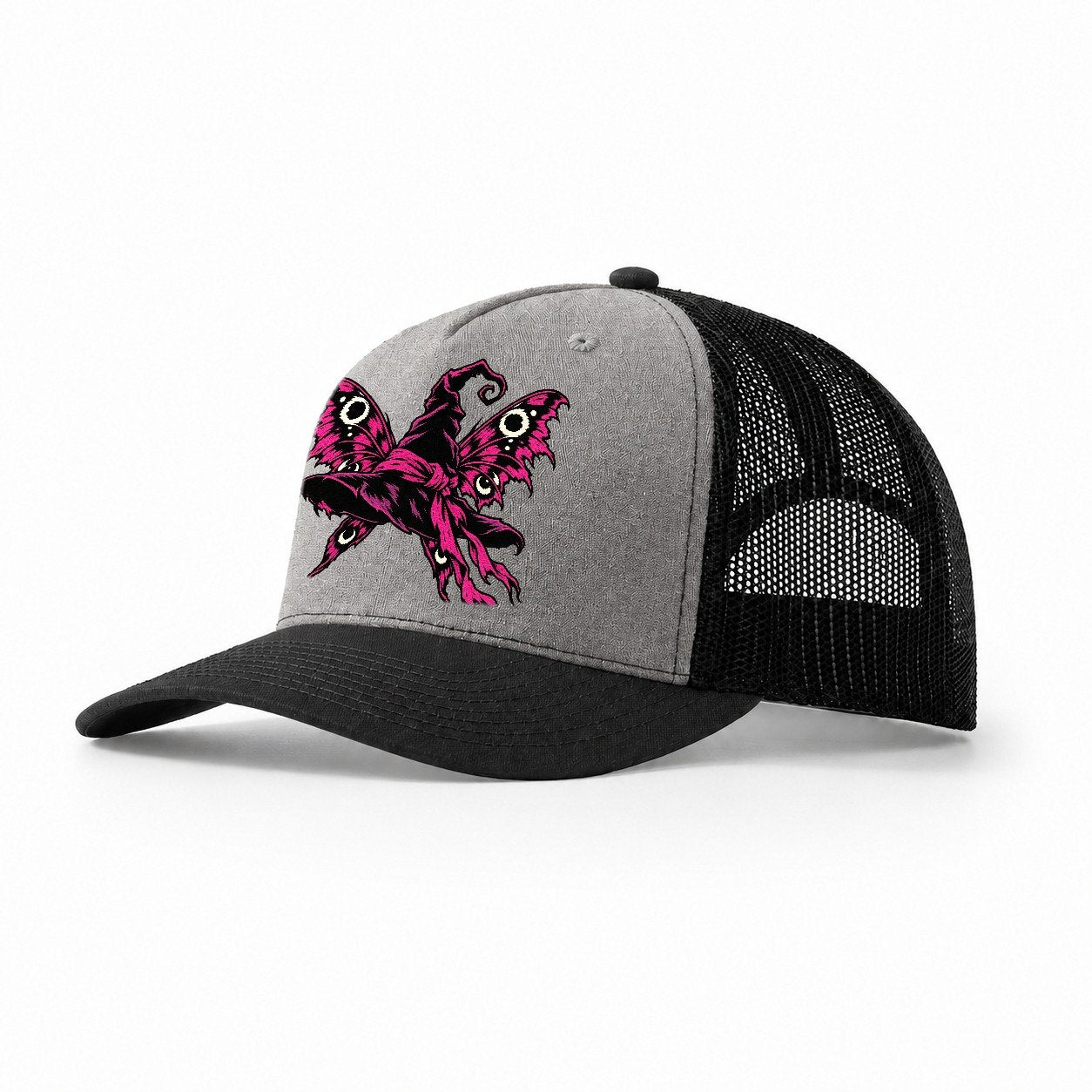 Moth Winged Witch Hat Witch Magic Trucker Hat – Grey Black
