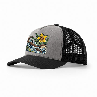 Welsh Otter And Daffodil Stream Uk Culture Heritage Trucker Hat – Grey Black