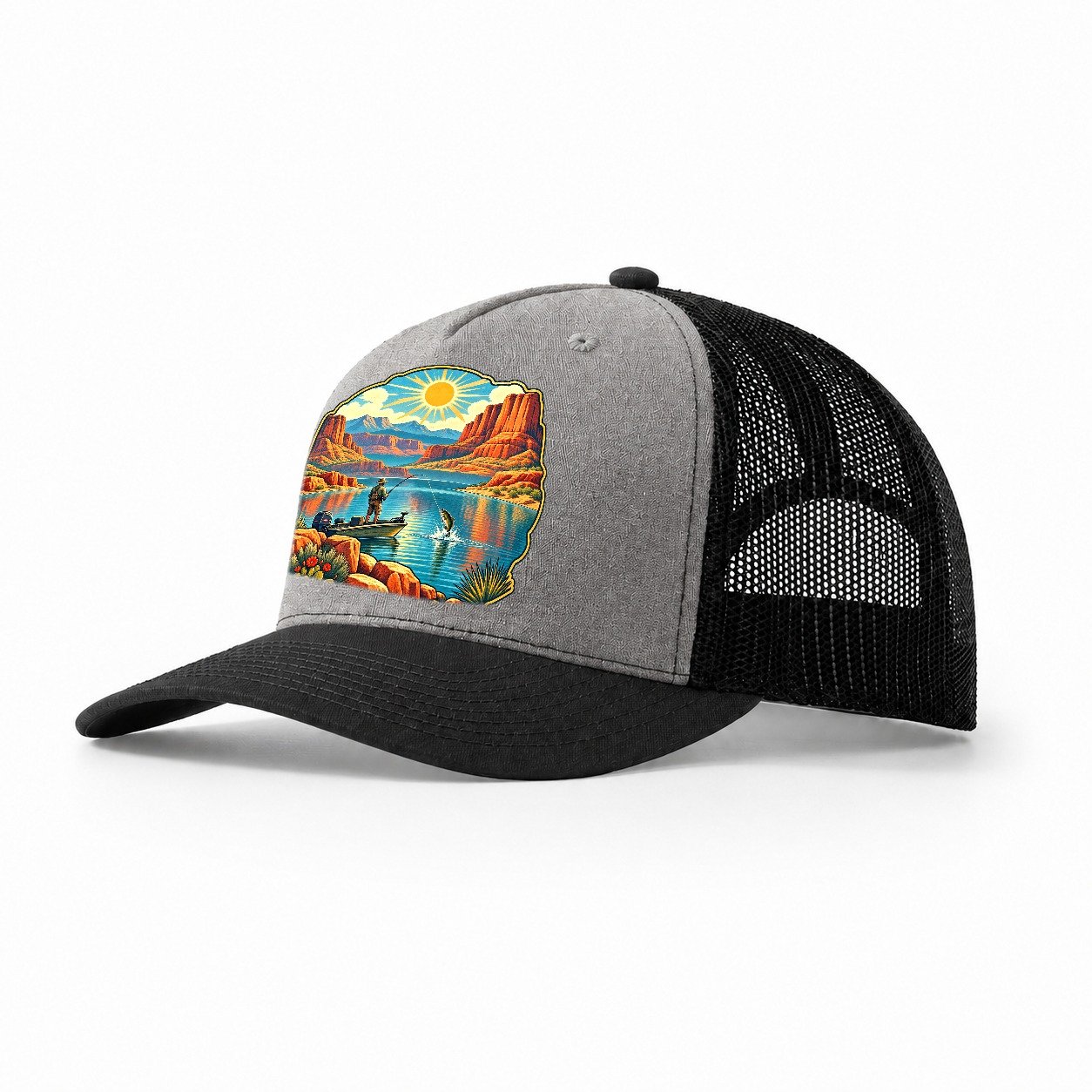 Desert Reservoir Noon Fishing Club Trucker Hat – Grey Black