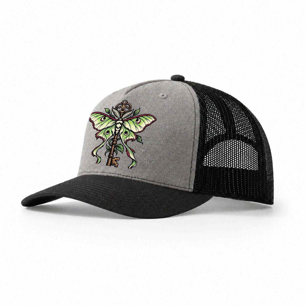 Luna Moth Over An Iron Key Witch Magic Trucker Hat – Grey Black
