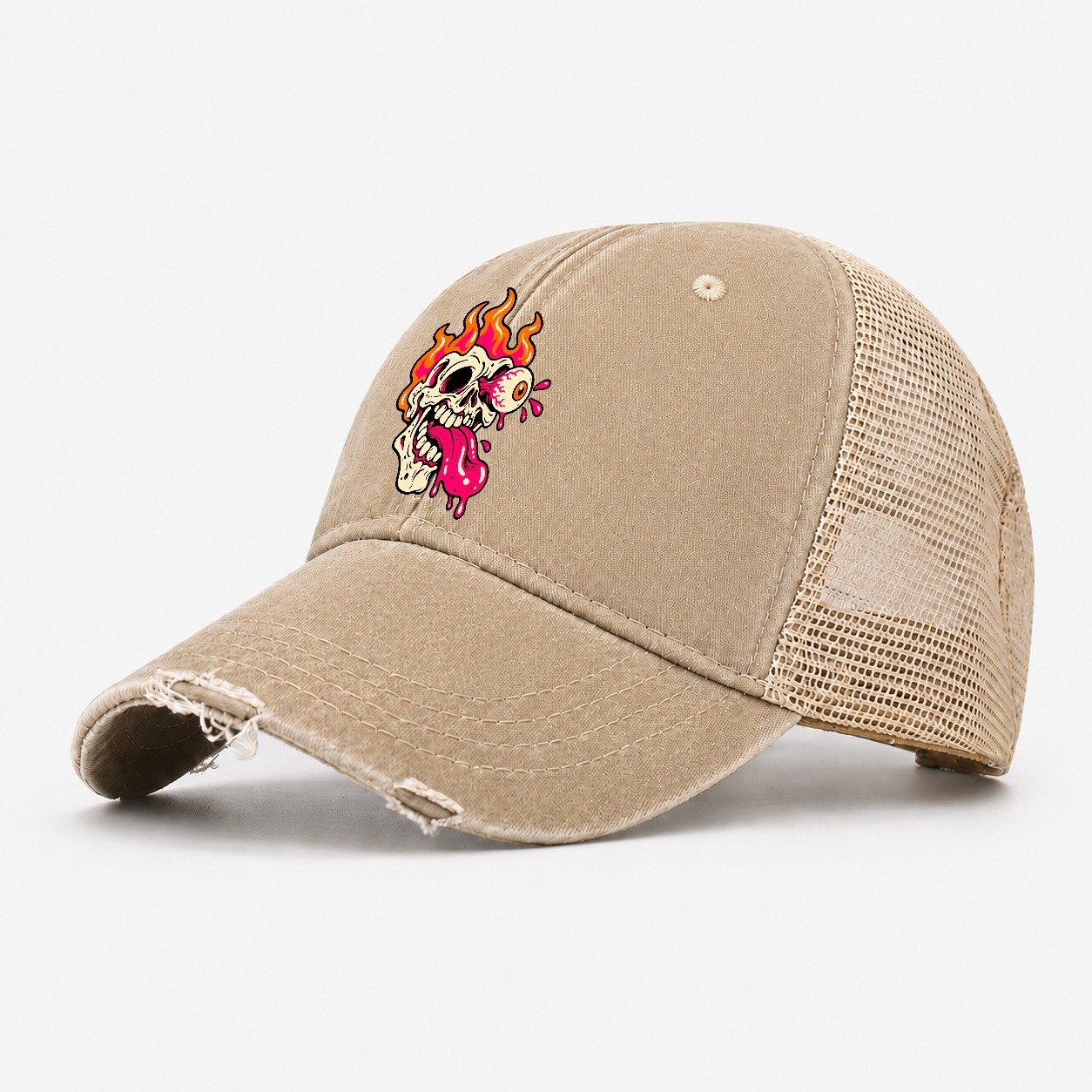 Flame Skull Tongue Crazy Styles Washed Trucker Hat – Khaki