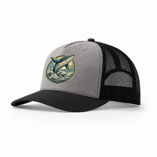 Vintage Whale Ocean Waves Trucker Hat – Grey Black