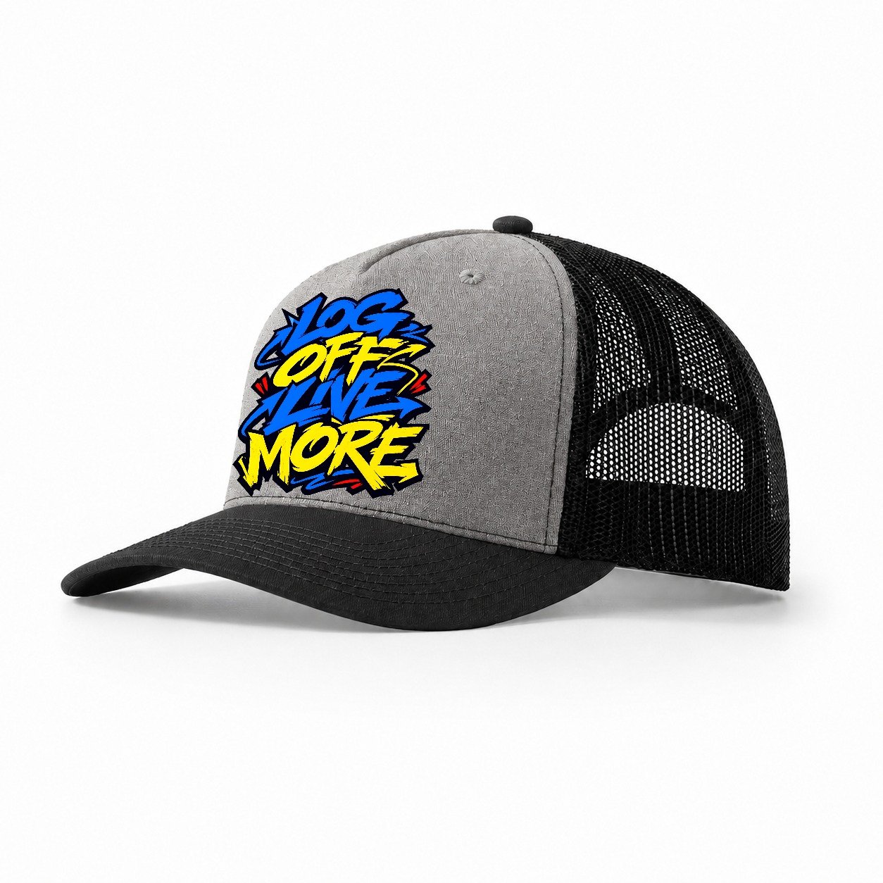Log Off Live More Tee Graphic Trucker Hat – Grey Black