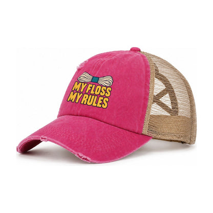 My Floss My Rules Women's Ponytail Trucker Hat – Raspberry Khaki