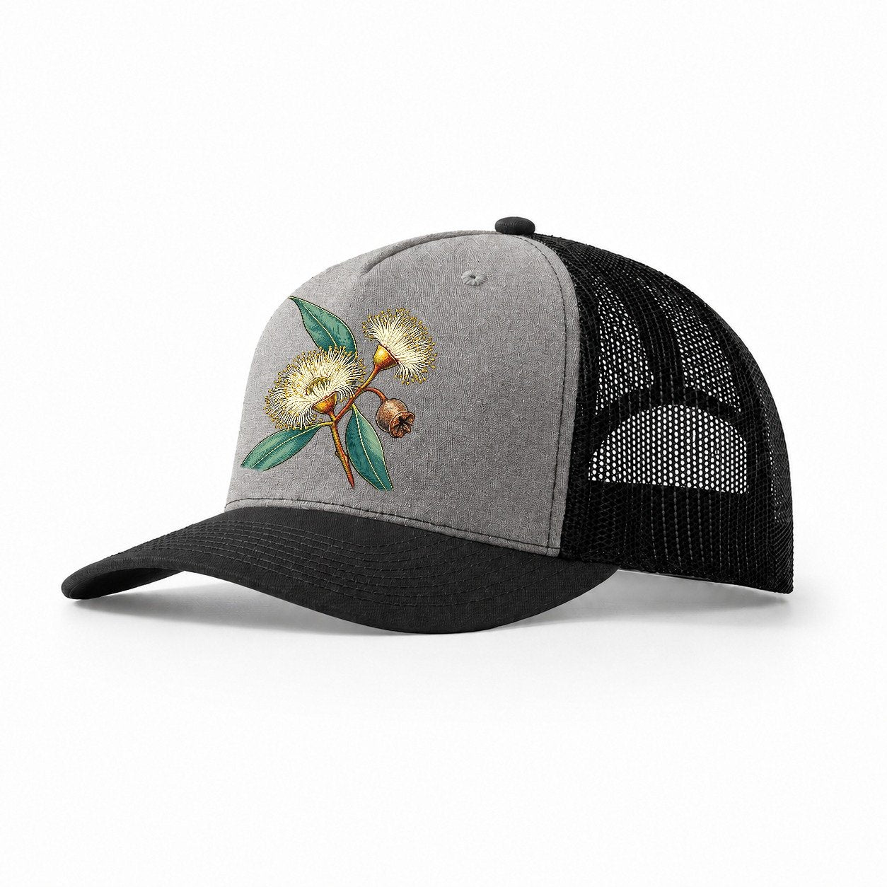 Tasmania Blue Gum Blossom And Capsule Australia Cultural Icons Trucker Hat – Grey Black