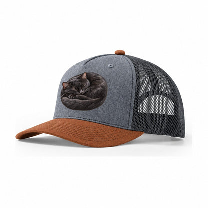 Black Cat Tail Crescent Nap Pastimes Companions Trucker Hat – Heather Grey Rust Charcoal