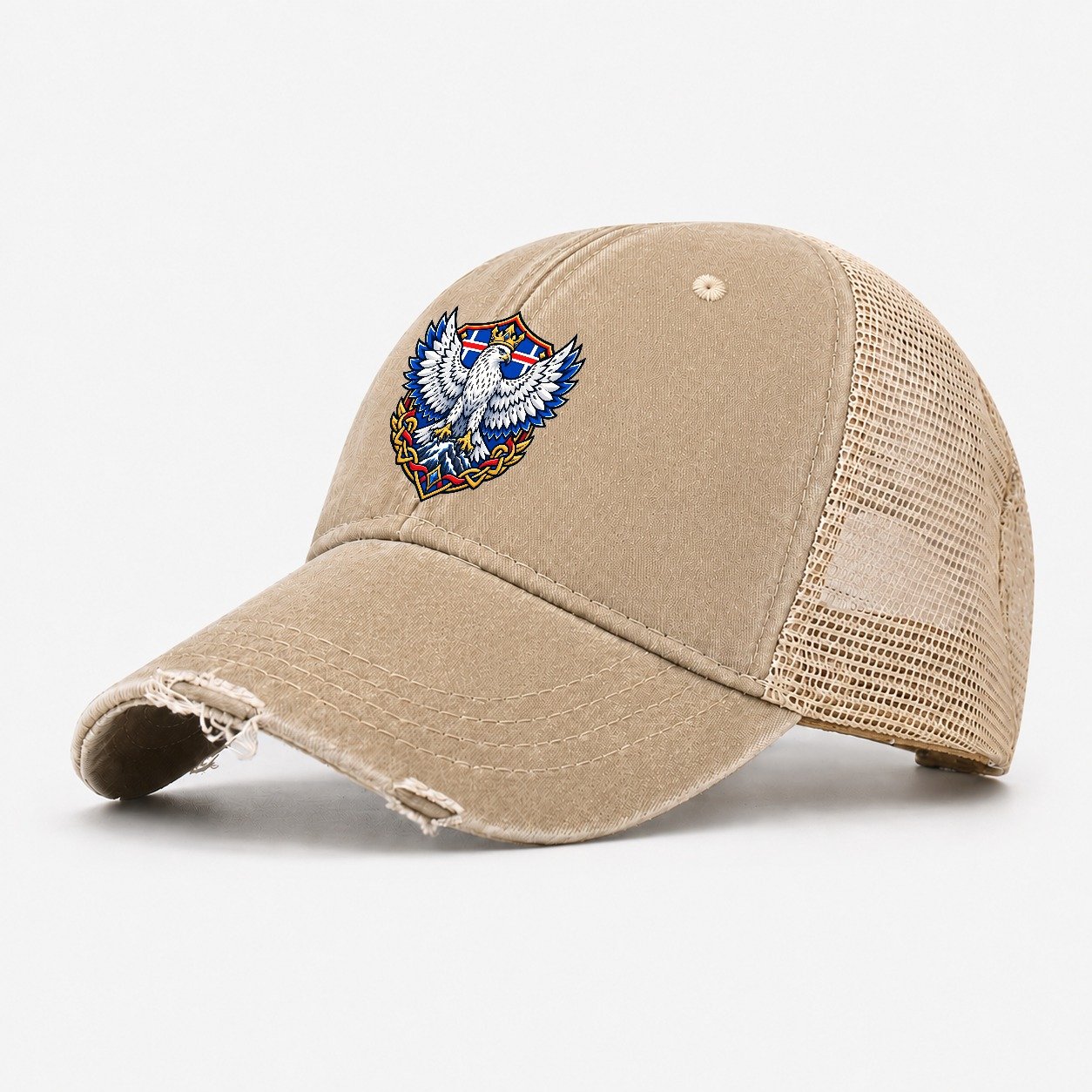 Iceland Heraldic Crest Country Logos Washed Trucker Hat – Khaki