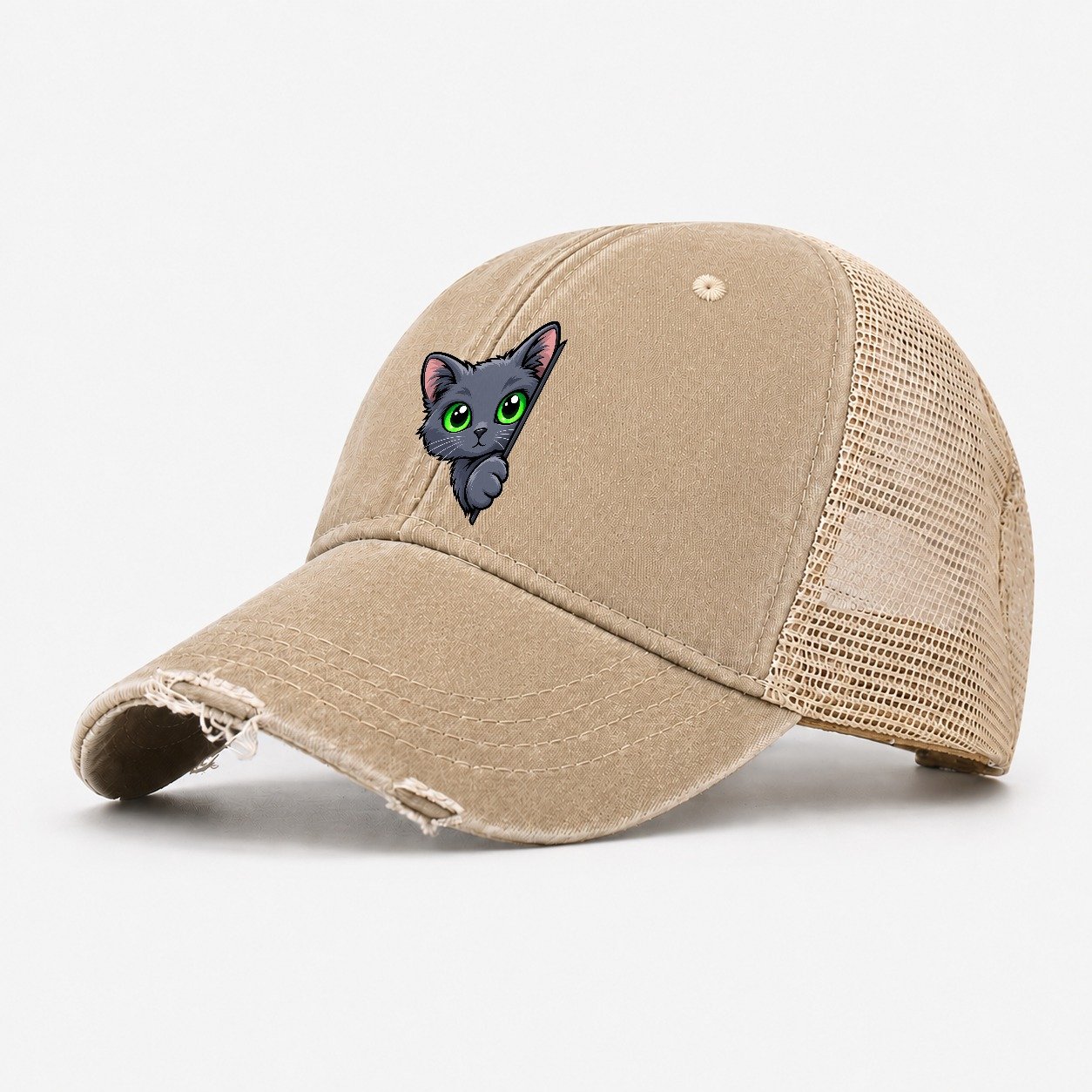 Russian Blue Side Peek Peeking Cats Washed Trucker Hat – Khaki