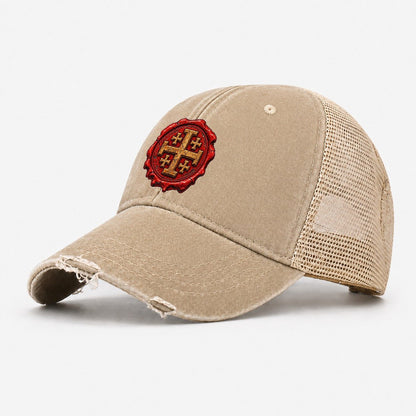 Red Wax Seal Impression Jerusalem Cross Washed Trucker Hat – Khaki