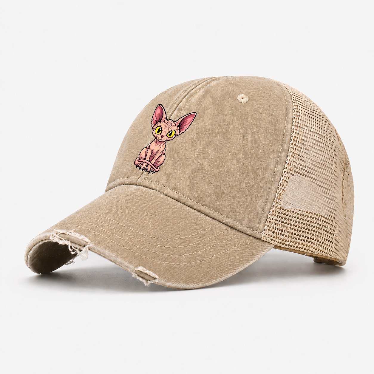 Sphynx Sitting Wrapped Peeking Cats Washed Trucker Hat – Khaki