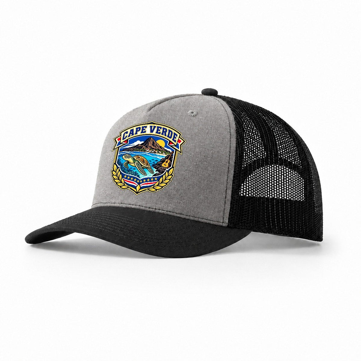 Cape Verde Retro Badge Country Logos Trucker Hat – Grey Black