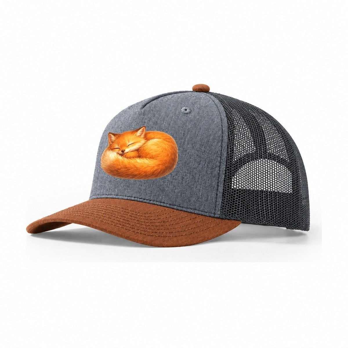 Sleeping Curled Fox Trucker Hat – Heather Grey Rust Charcoal