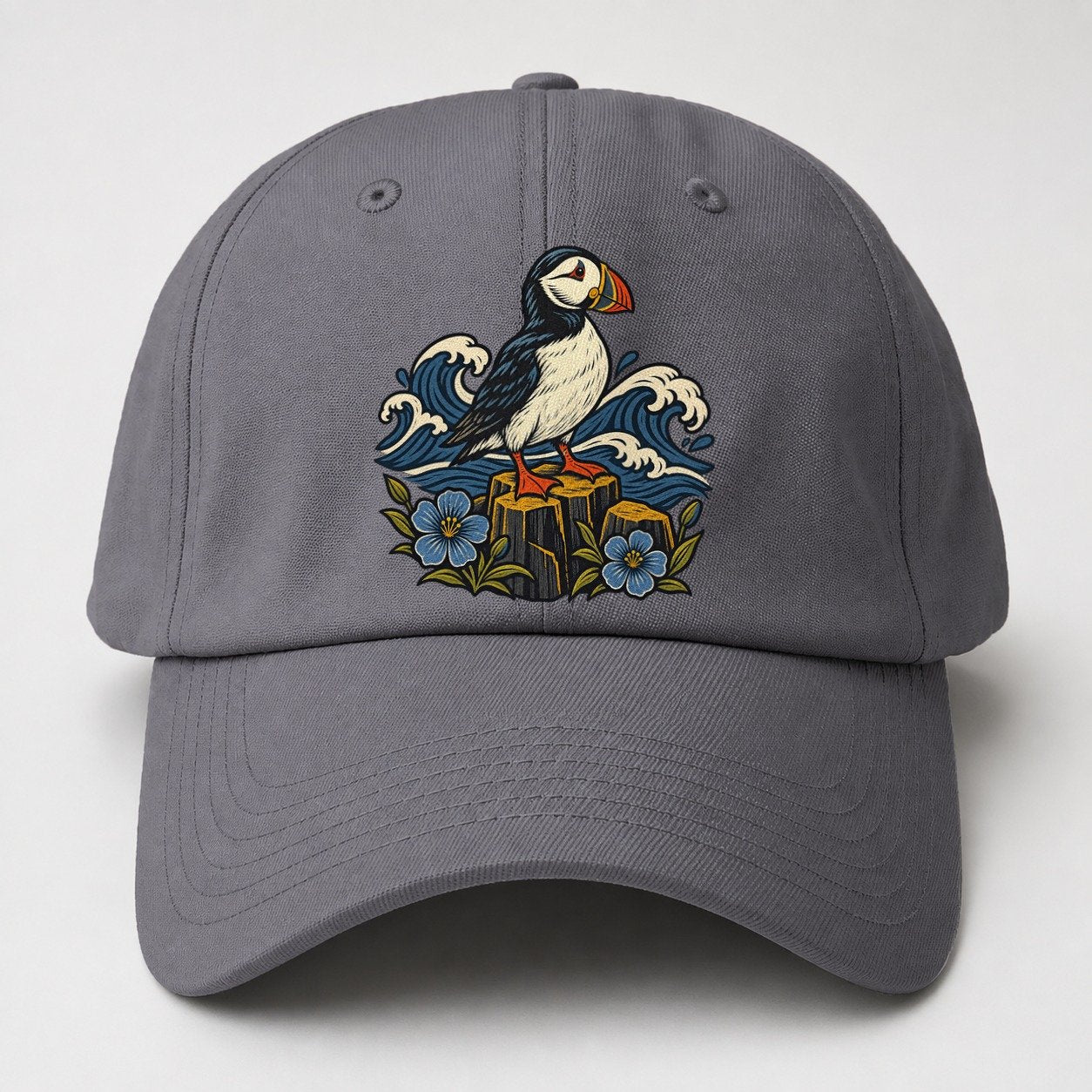 Causeway Coast Puffin And Flax Flowers Uk Culture Heritage Baseball Cap – Grey