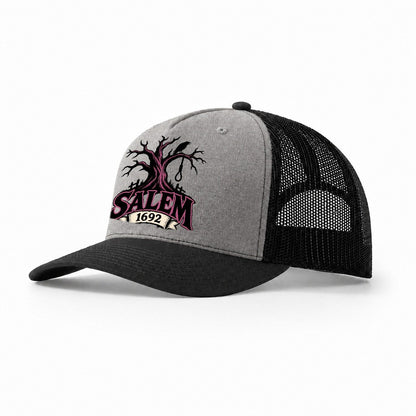 Salem Sixteen Ninety Two Witch Magic Trucker Hat – Grey Black
