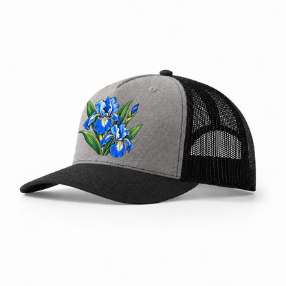 Quebec Blue Flag Iris Canada Cultural Icons Trucker Hat – Grey Black