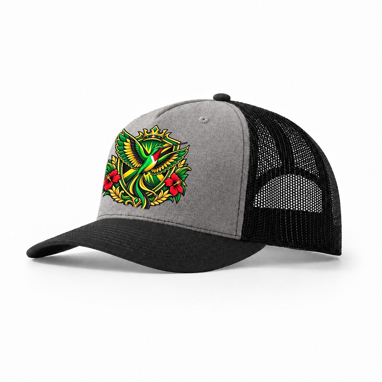 Jamaica Heraldic Crest Country Logos Trucker Hat – Grey Black