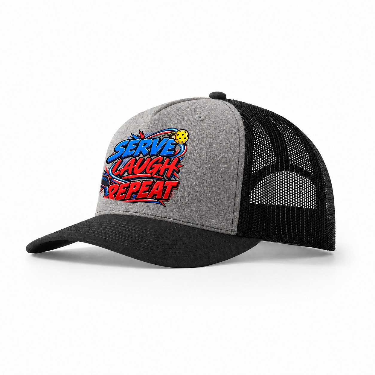 Serve Laugh Repeat Pickleball Life Trucker Hat – Grey Black