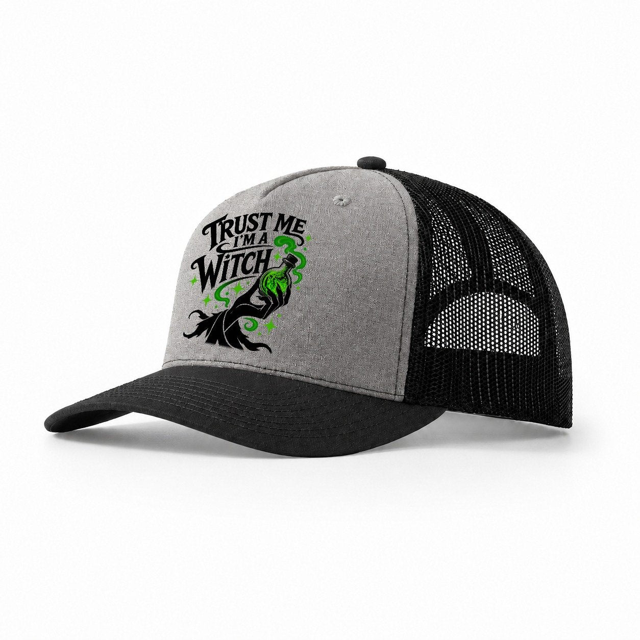 Trust Me I Am A Witch Slogan Witch Magic Trucker Hat – Grey Black