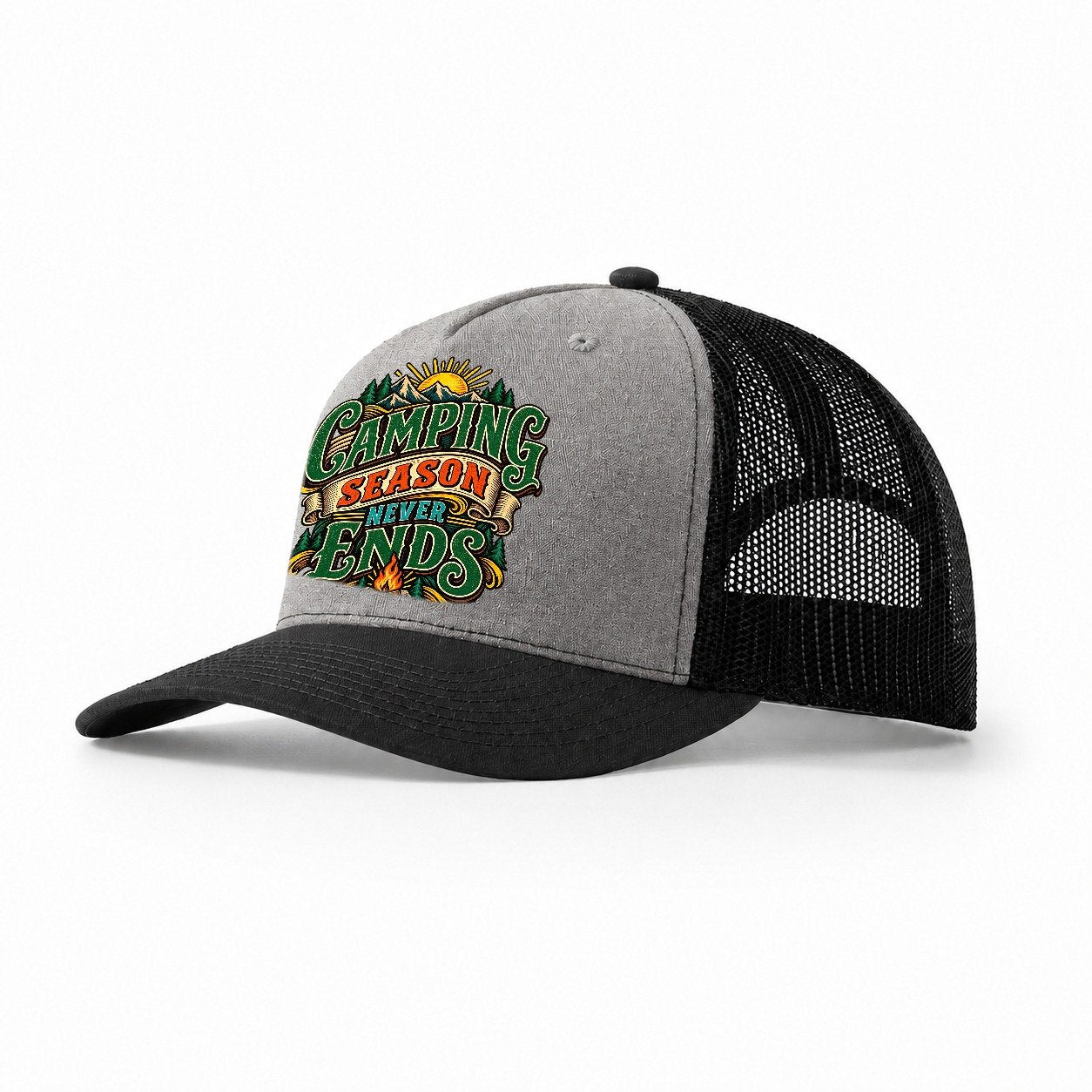 Camping Season Never Ends Retired Living Trucker Hat – Grey Black