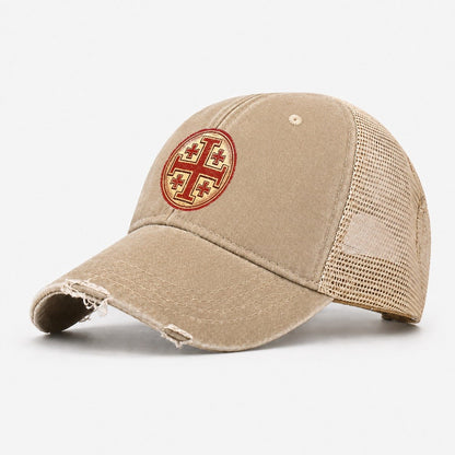 Vintage Red Jerusalem Cross Emblem Washed Trucker Hat – Khaki