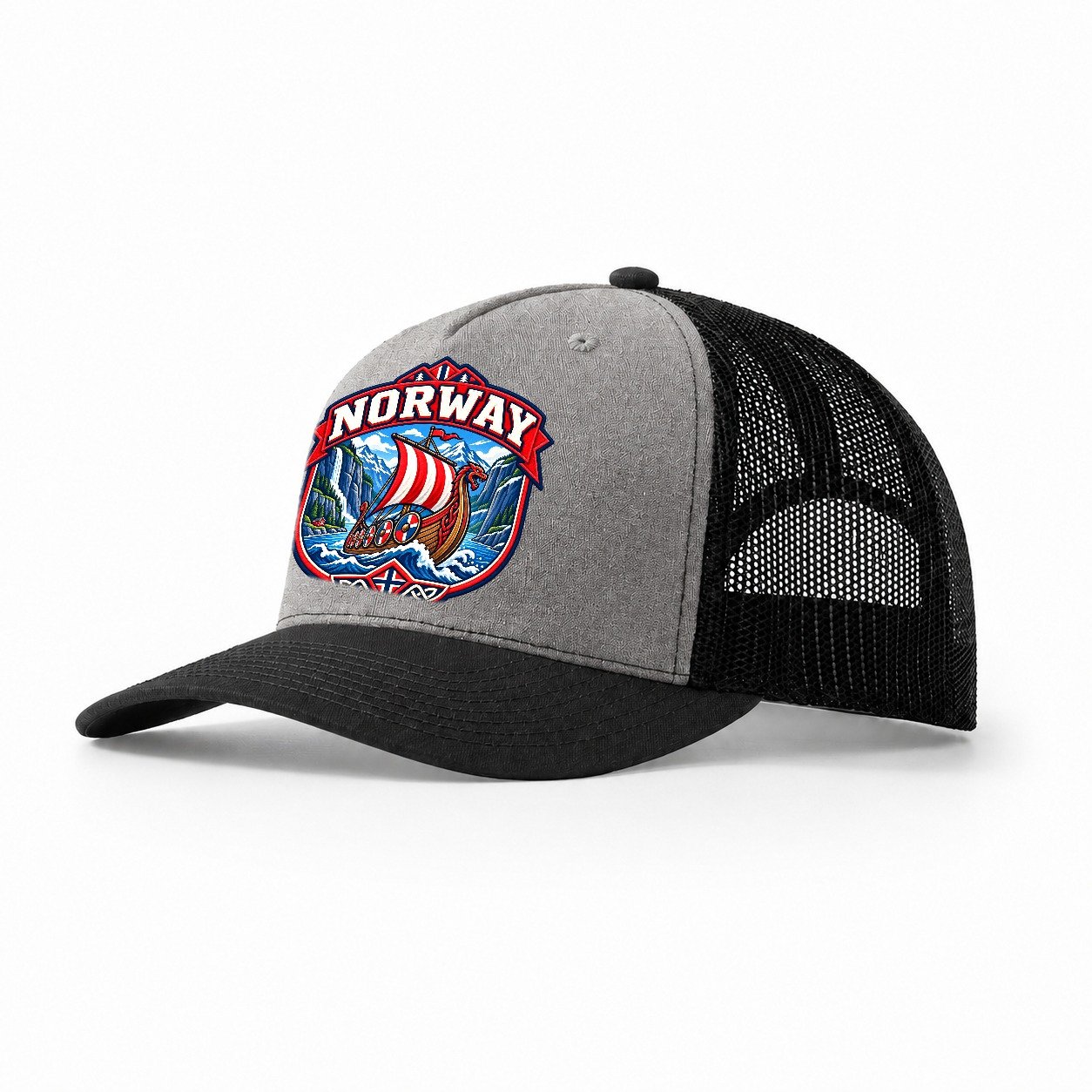 Norway Retro Badge Country Logos Trucker Hat – Grey Black