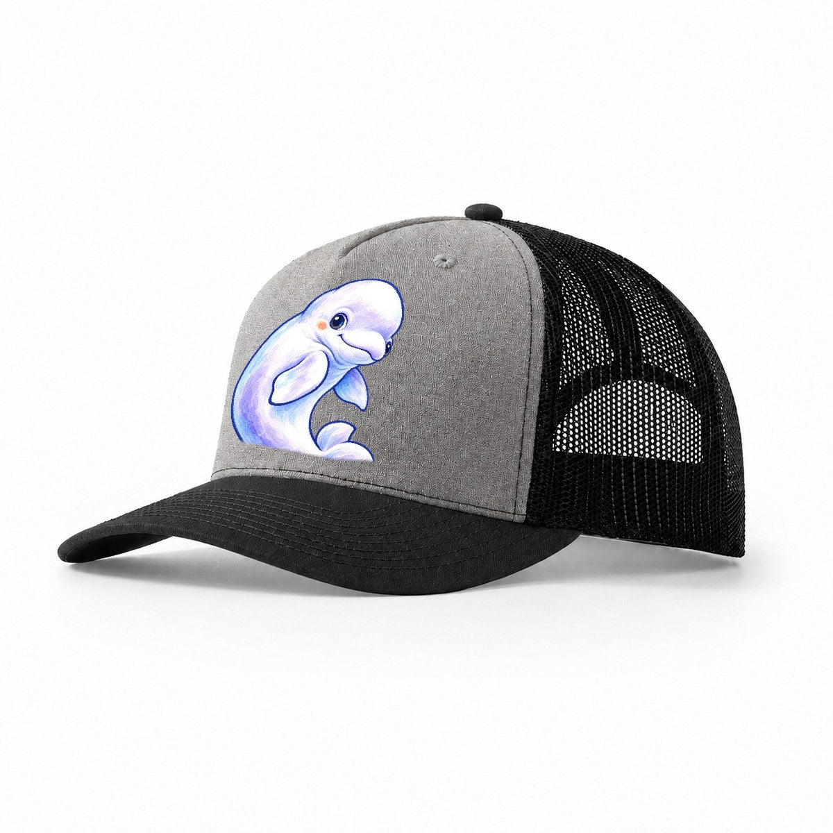 Beluga Whale Gentle Turn Sea Sprite Trucker Hat – Grey Black