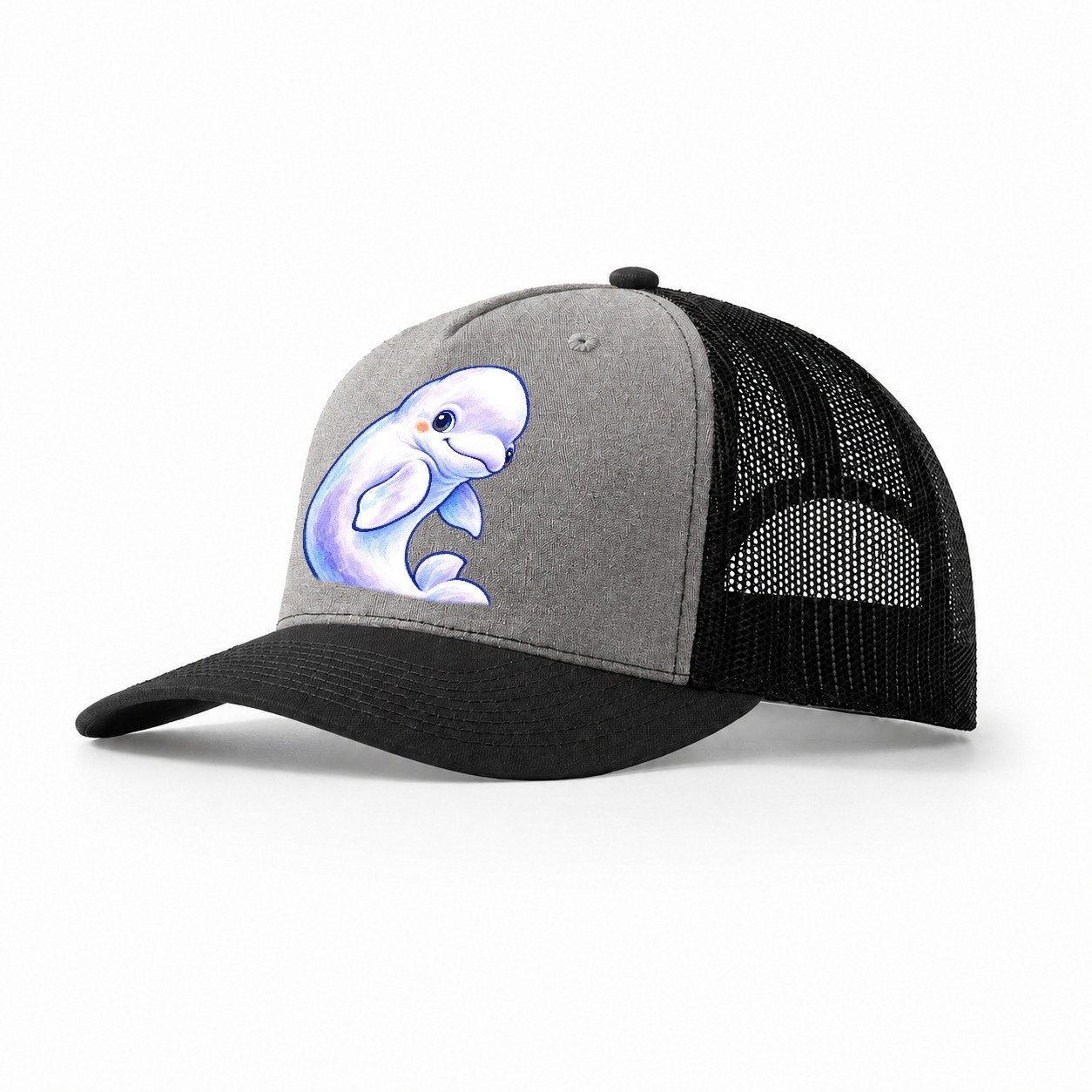 Beluga Whale Gentle Turn Sea Sprite Trucker Hat – Grey Black