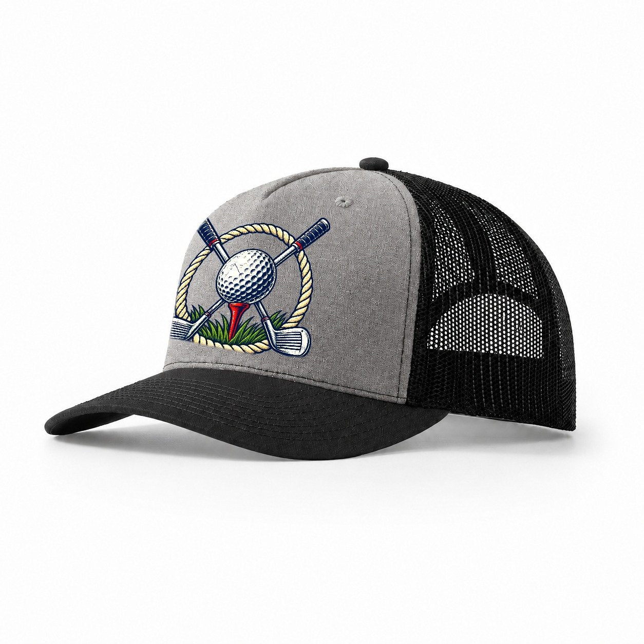 Crossed Clubs Crest Golf Life Trucker Hat – Grey Black