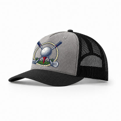 Crossed Clubs Crest Golf Life Trucker Hat – Grey Black