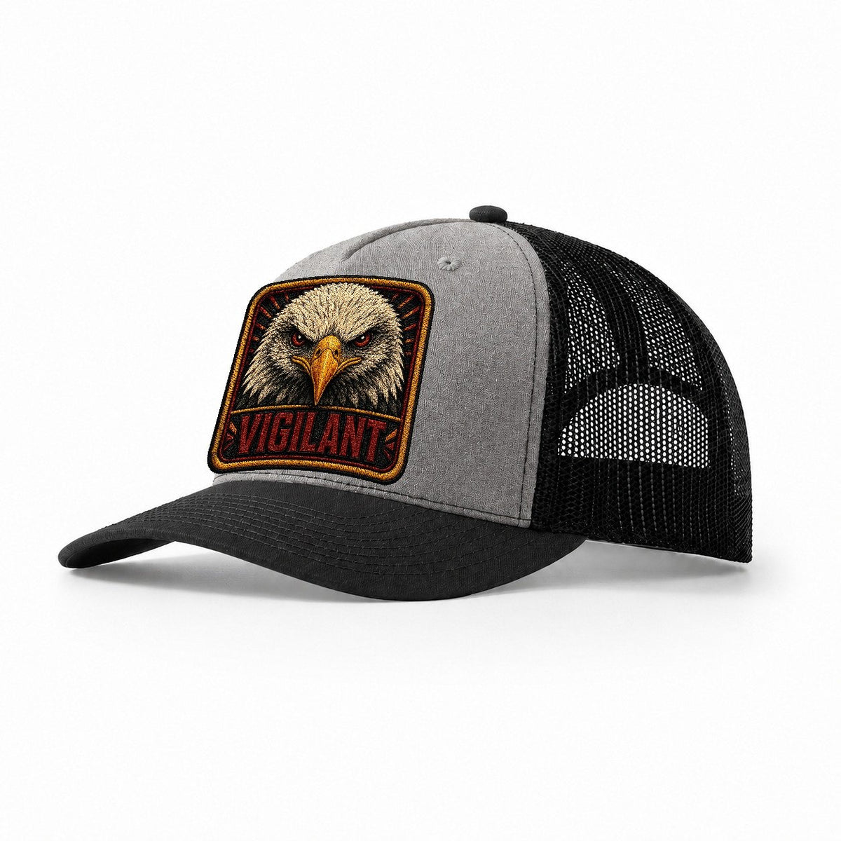 Eagle Vigilant Badge Trucker Hat – Grey Black