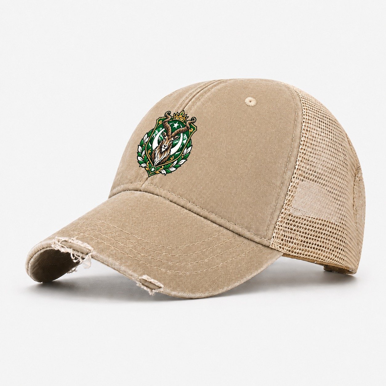 Pakistan Heraldic Crest Country Logos Washed Trucker Hat – Khaki