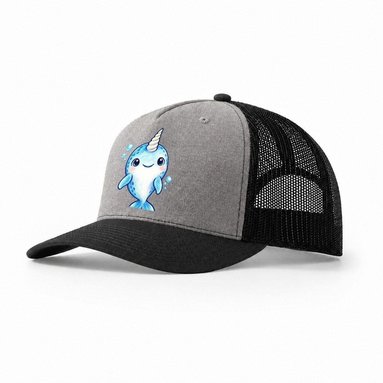 Narwhal Front Tusk Hello Sea Sprite Trucker Hat – Grey Black