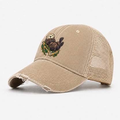 Sea Otter And Bull Kelp Canada Cultural Icons Washed Trucker Hat – Khaki