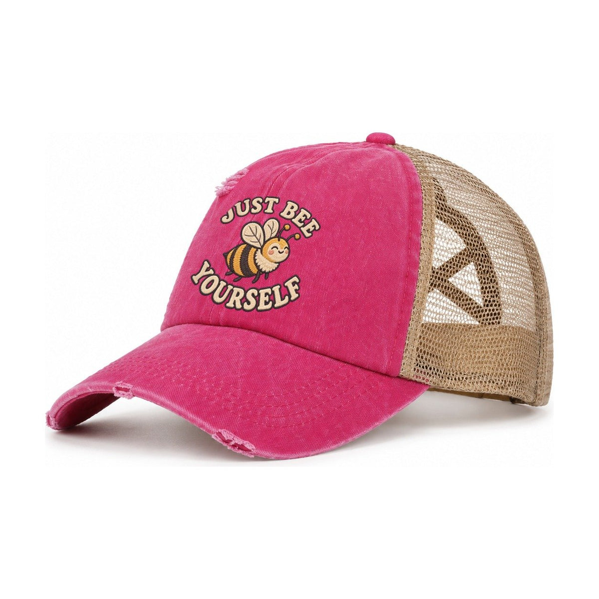 Bee Animal Puns Women's Ponytail Trucker Hat – Raspberry Khaki