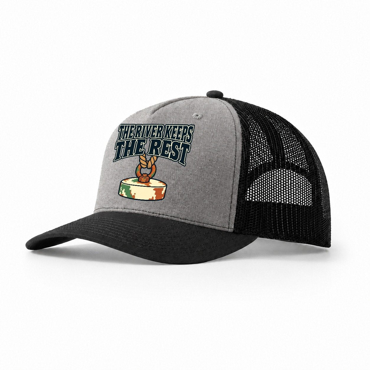 The River Keeps The Rest Treasure Hunting Trucker Hat – Grey Black