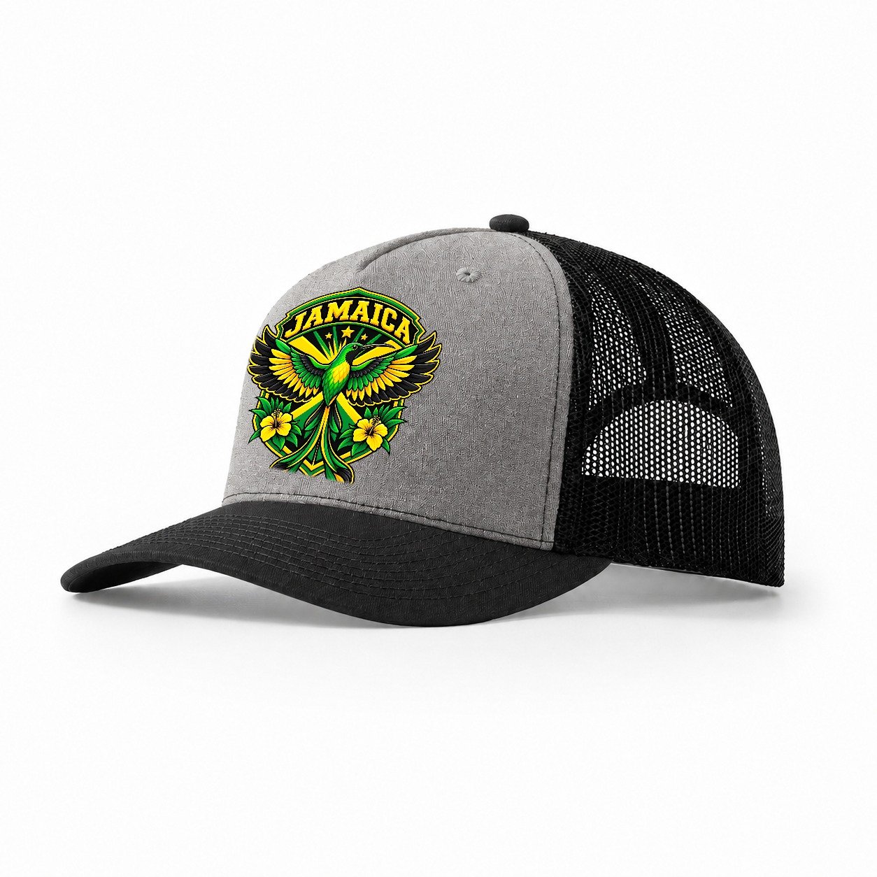 Jamaica Retro Badge Country Logos Trucker Hat – Grey Black