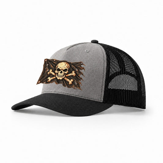 Skull And Crossbones Worn Icon Trucker Hat – Grey Black