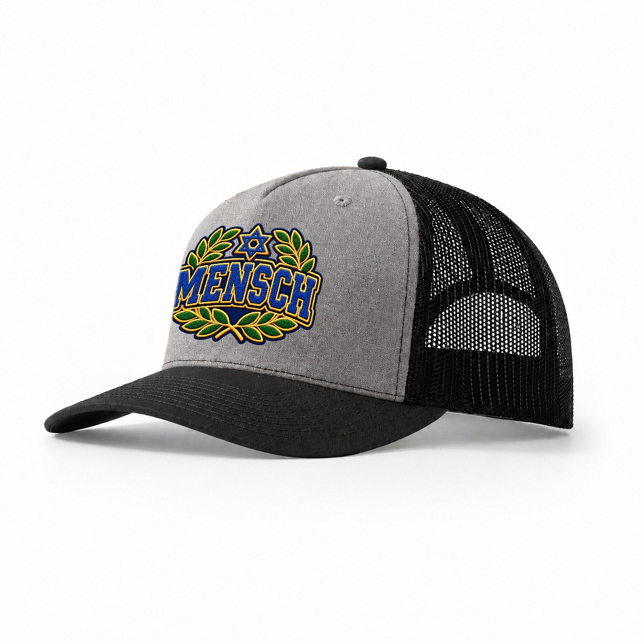 Mensch Badge Judaism Heritage Trucker Hat – Grey Black