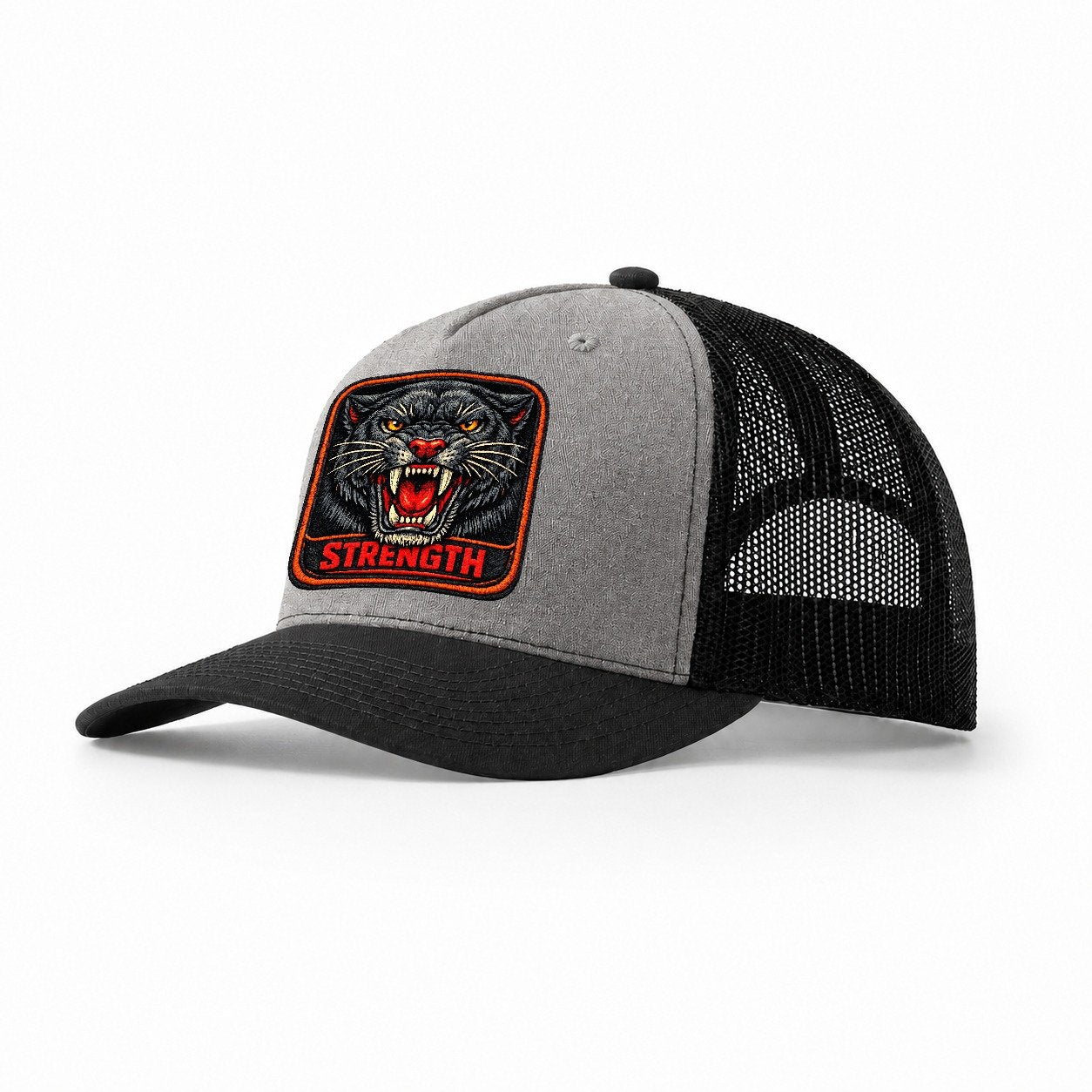 Panther Strength Badge Trucker Hat – Grey Black