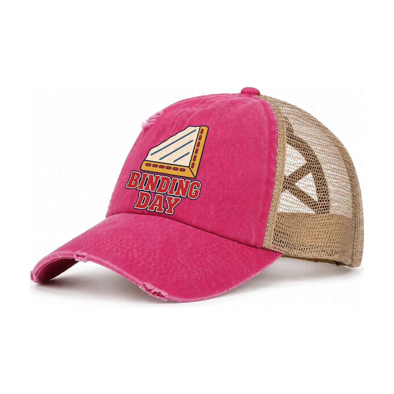 Binding Day Sewing And Quilting Women's Ponytail Trucker Hat – Raspberry Khaki