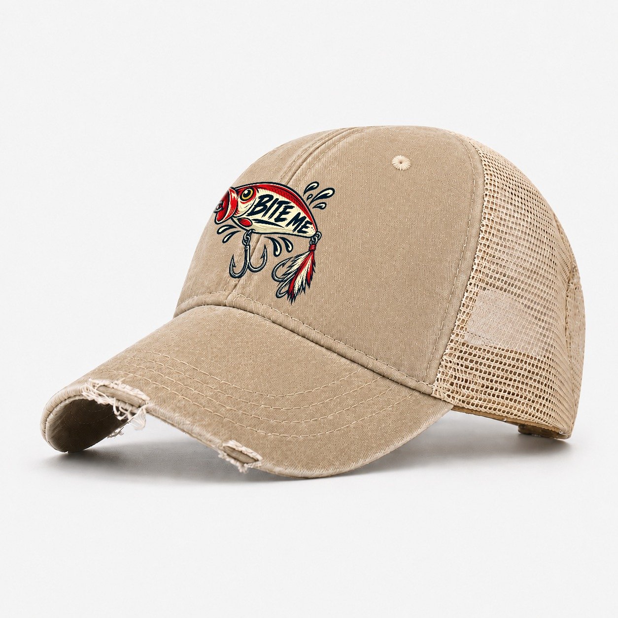 Bite Me Lure Fishing Elegant Washed Trucker Hat – Khaki