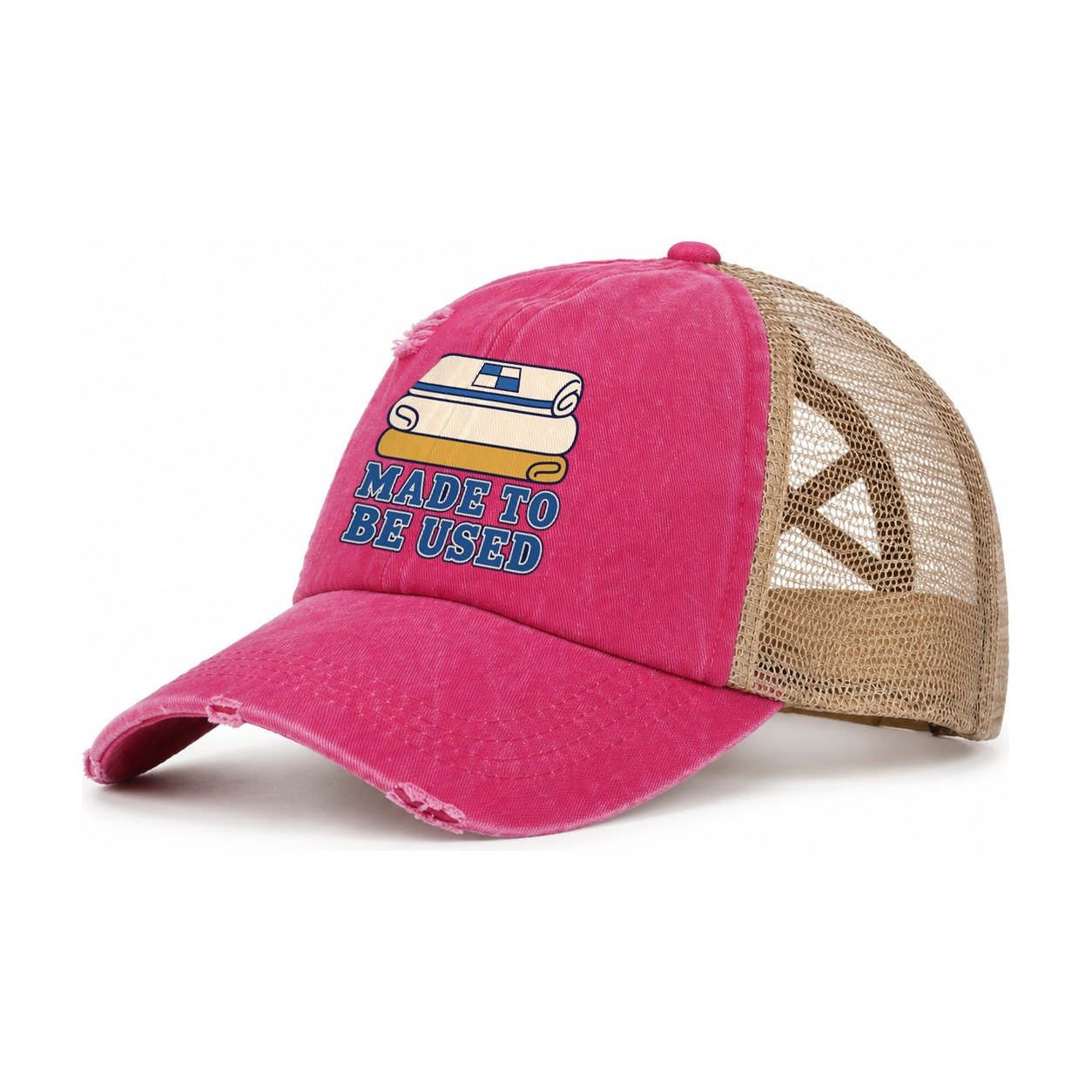 Made To Be Used Sewing And Quilting Women's Ponytail Trucker Hat – Raspberry Khaki