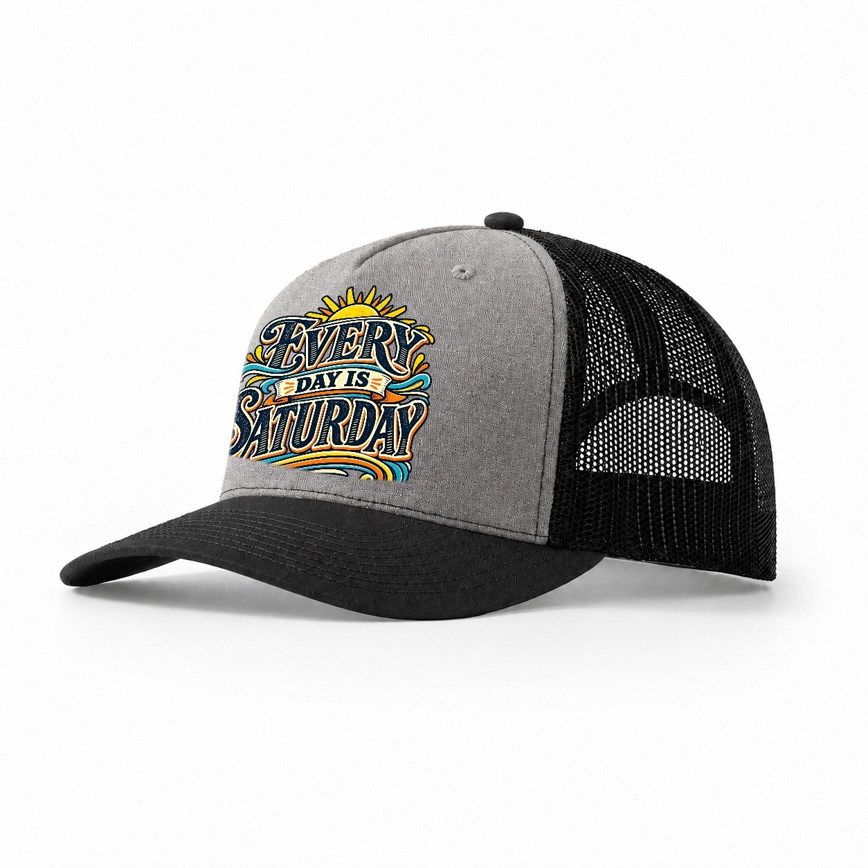 Every Day Is Saturday Retired Living Trucker Hat – Grey Black