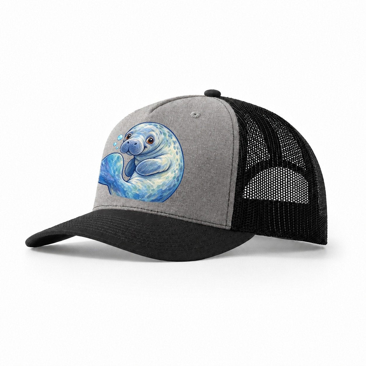 Manatee Curled Drift Sea Sprite Trucker Hat – Grey Black