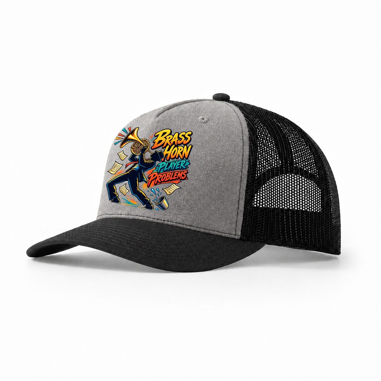 Brass Horn Player Problems Music Instruments Trucker Hat – Grey Black