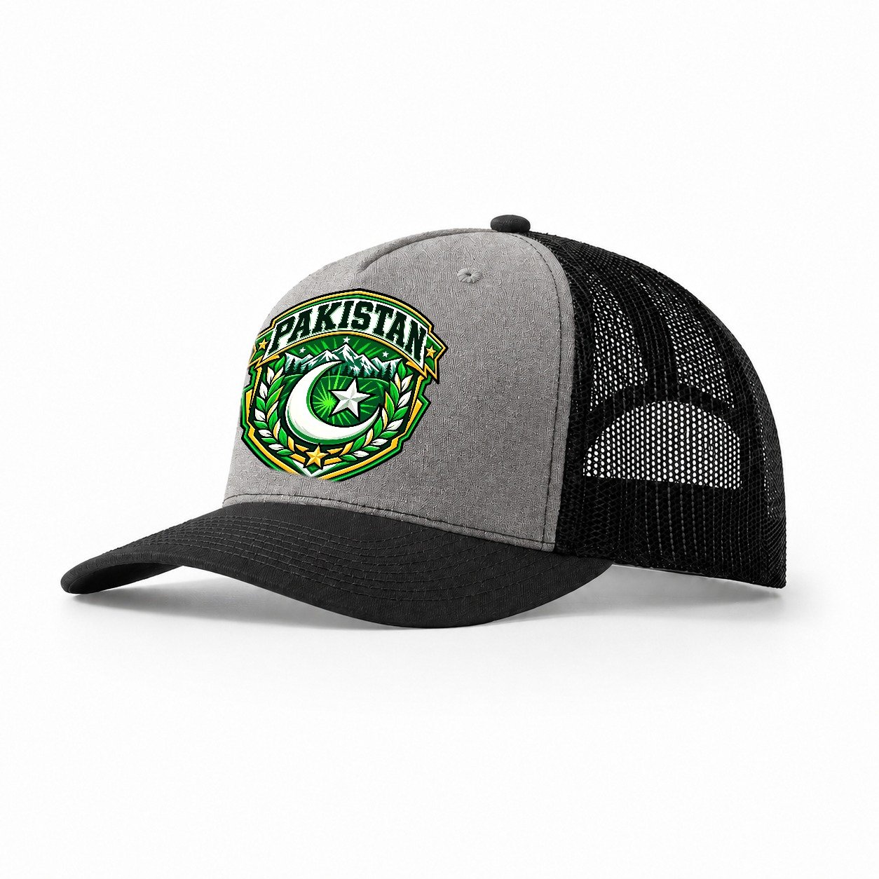 Pakistan Retro Badge Country Logos Trucker Hat – Grey Black