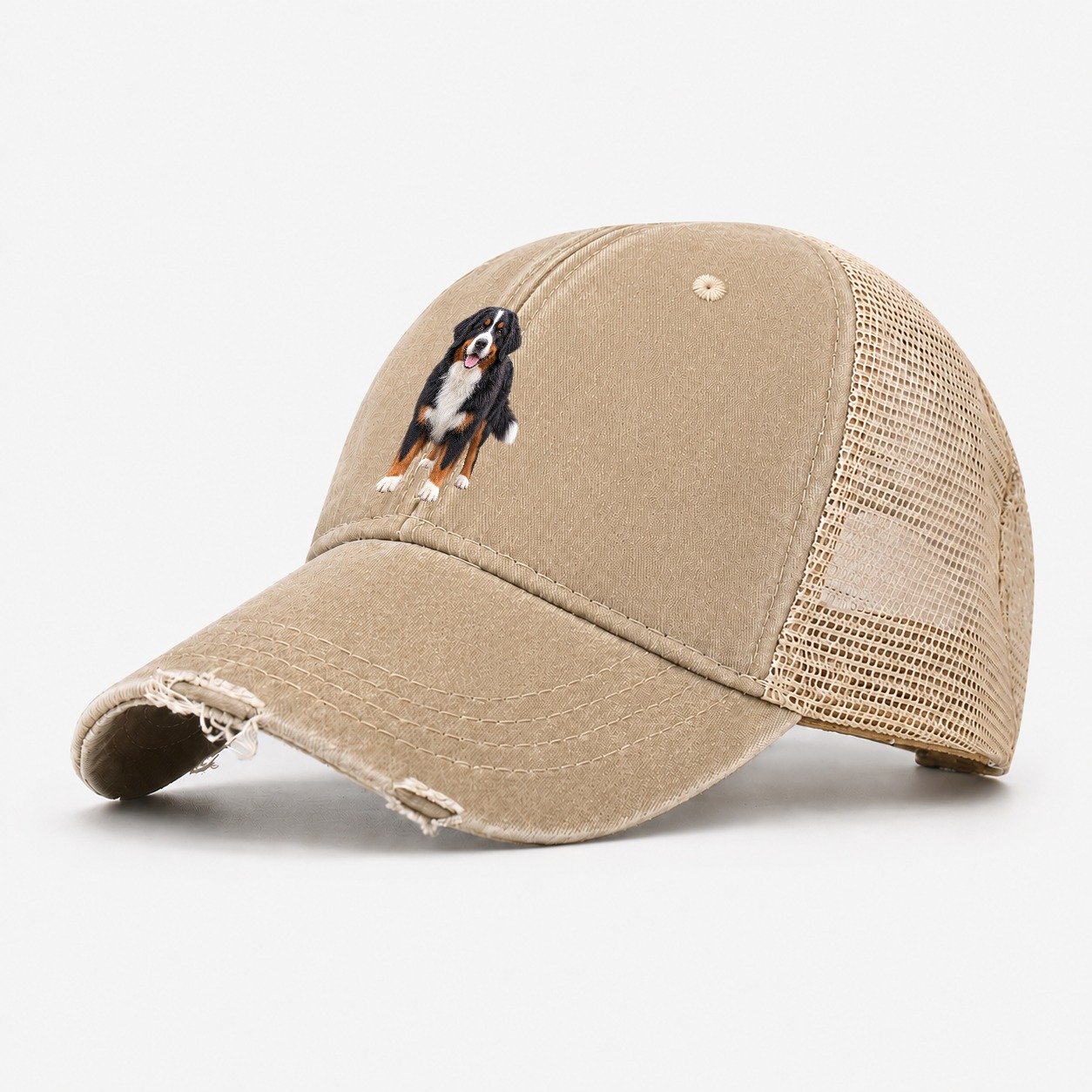 Bernese Mountain Dog Standing Top Breeds Washed Trucker Hat – Khaki
